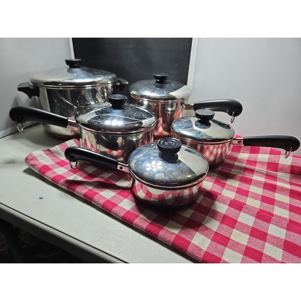 Vintage Revere Ware 1801 Copper Bottom Cookware Pots Pans 10 Piece Set Lidded